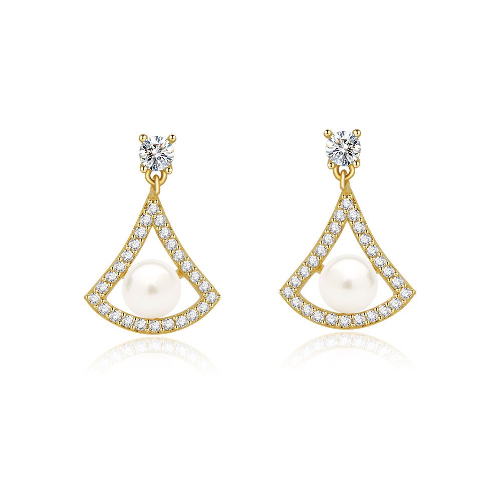A close-up view of the Halo Fan 5mm Pearl Drop Earrings, showcasing the gold-plated fan-shaped design with a central white shell pearl and sparkling cubic zirconia accents.