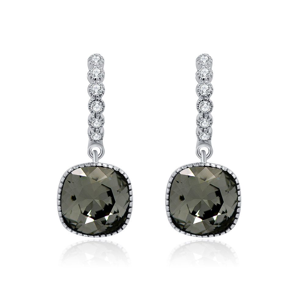 A close-up view of the S925 Huggie Hoop Drop Earrings, showcasing the large black square diamond crystal surrounded by a halo of smaller clear crystals.