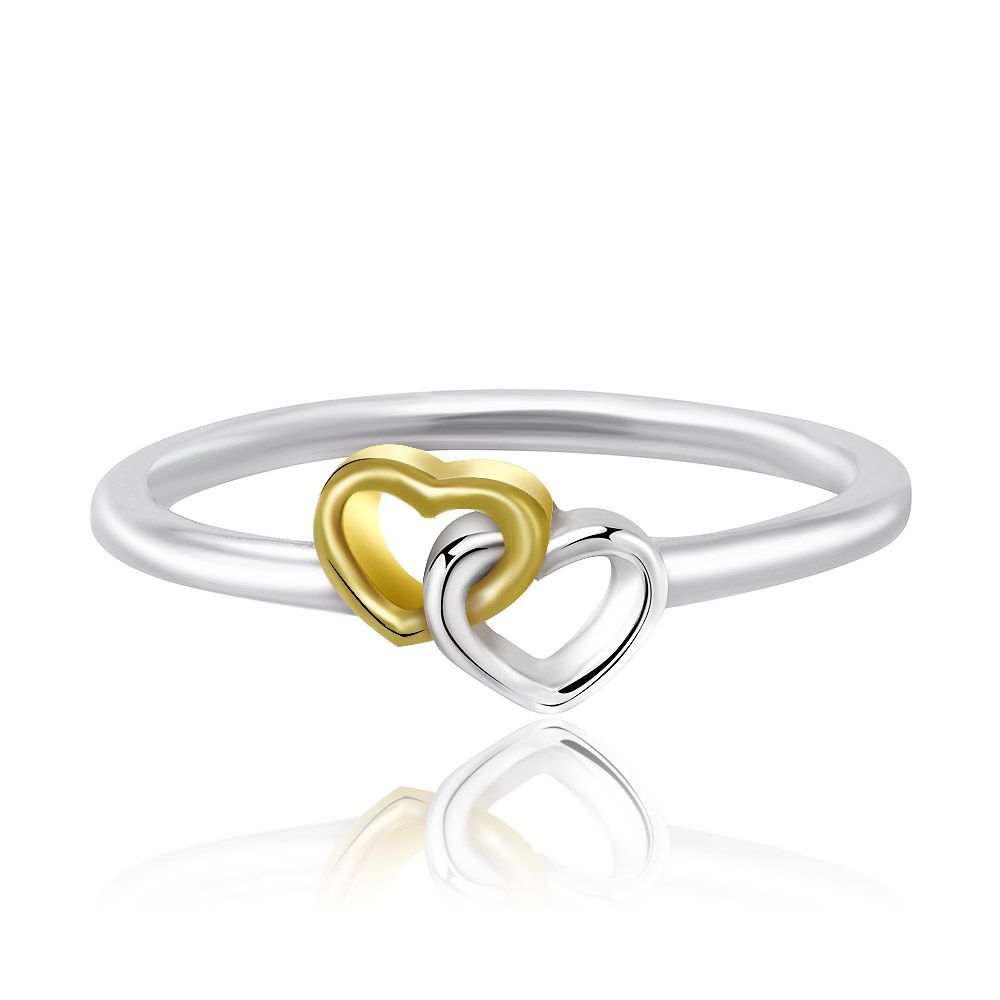 Hart tot hart tweekleurige ring van 925 sterling zilver, met met elkaar verweven gouden en zilveren harten.