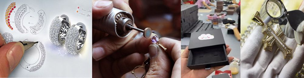 Un collage illustrant le processus étape par étape pour démarrer une entreprise de bijoux avec JR Fashion Accessories, des croquis de conception initiaux aux produits finaux polis.