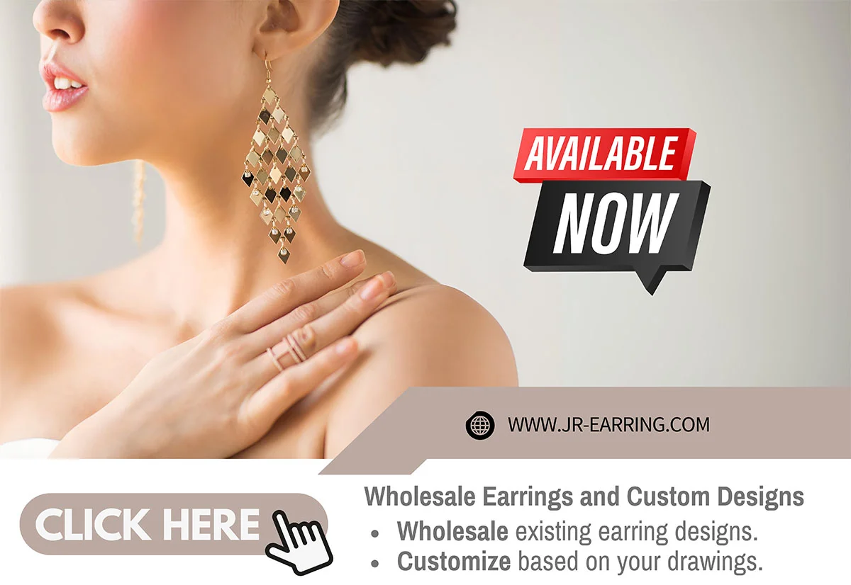 A model showcases a large, elegant gold statement earring, representing the custom and wholesale earring designs available from JR Fashion Accessories.