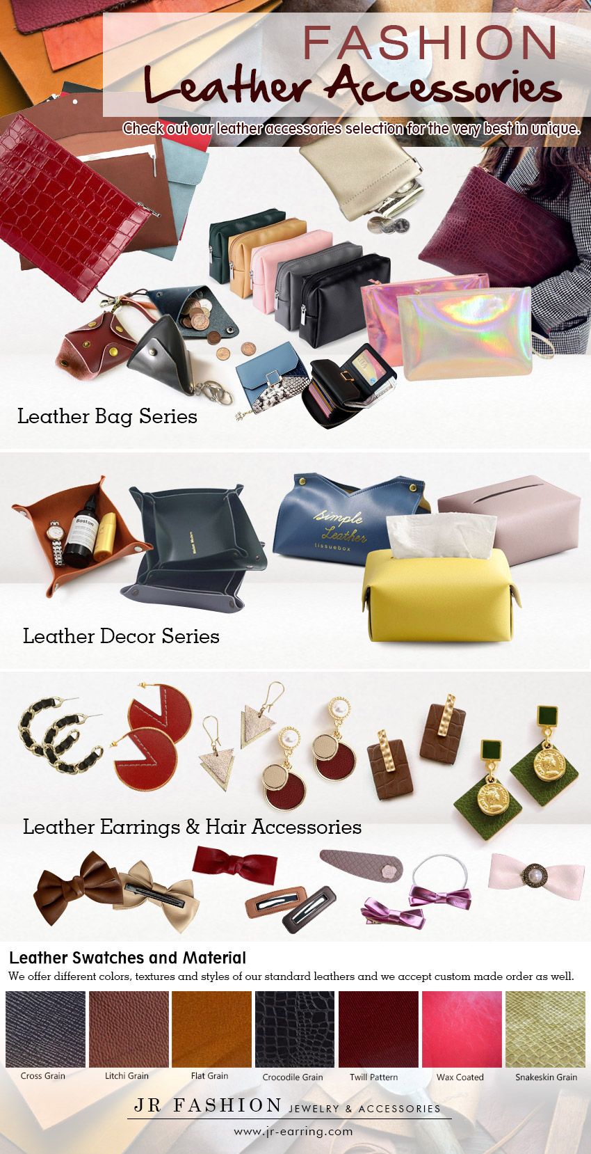 A curated collection of JR Fashion's wholesale fall leather accessories, showcasing custom-designed bags, earrings, and keychains in various rich colors and textures.