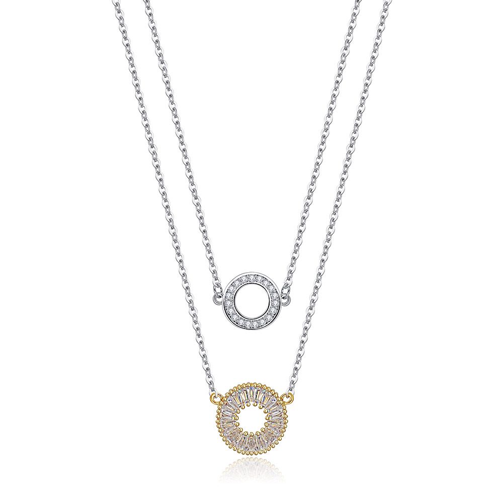 Colar elegante em camadas bicolor com pingentes de gota em círculo de zircônia cúbica brilhante.