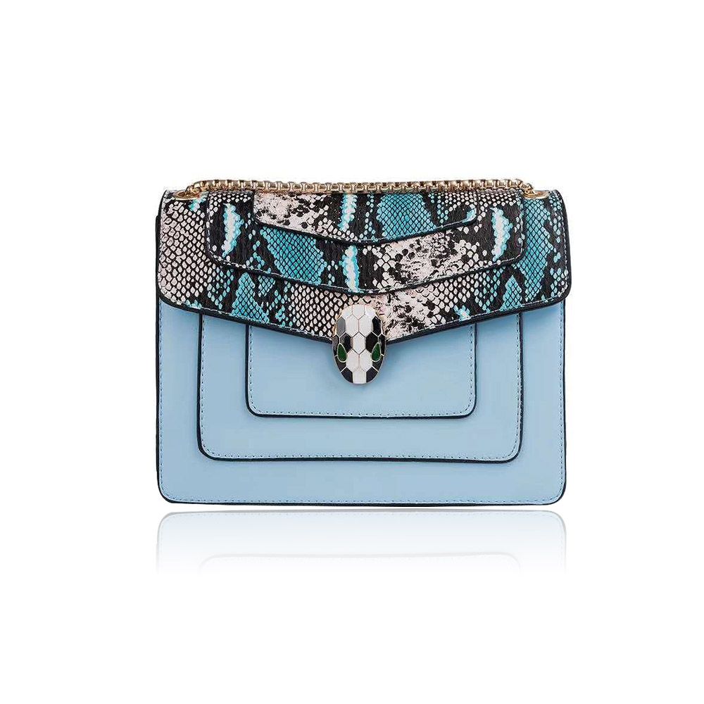 Stylish light blue Python Snakeskin PU leather handbag with a gold chain strap and accents.