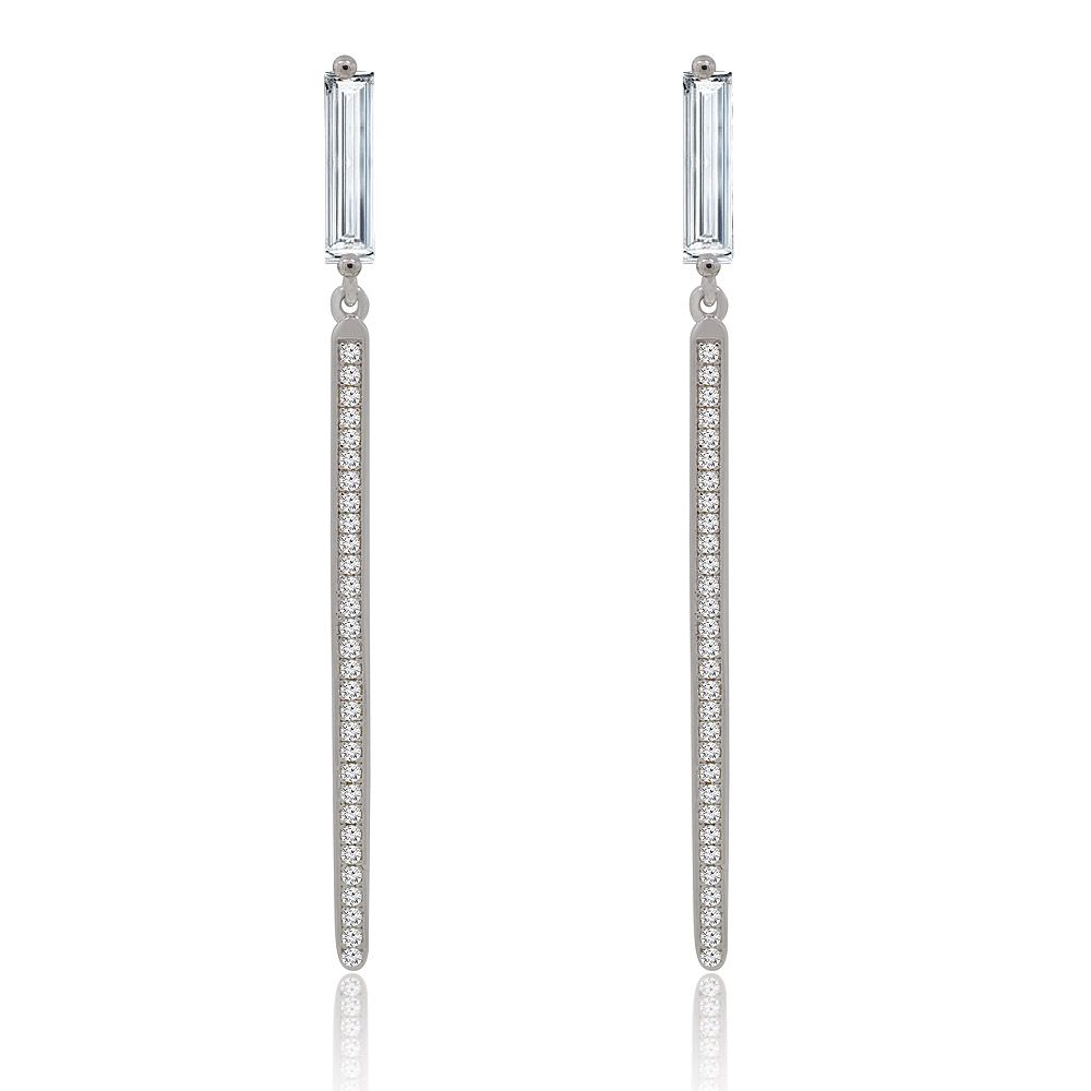 A pair of Cubic Zirconia Long Dangling Earrings in 925 sterling silver, showcasing an elegant design with clear rectangular stones and sparkling CZ-studded bars.