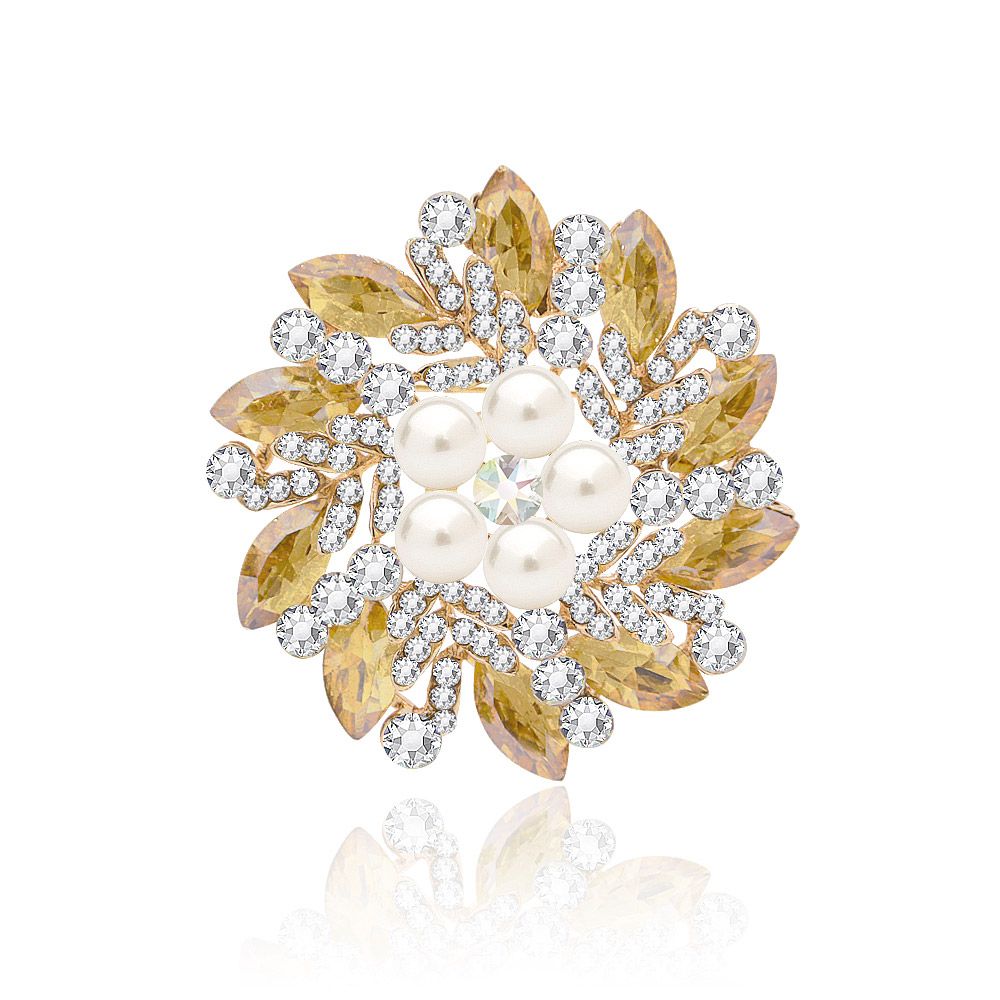 A close-up of the Wholesale Floral Wreath Brooch (JRB-016), showcasing its circular design with intricate crystal flowers, lustrous pearls, and gold plating.
