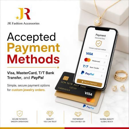 Accepterade betalningsmetoder för B2B anpassade smycksbeställningar: Visa, MasterCard, T/T och PayPal för säkra transaktioner.