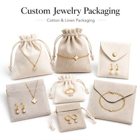 Eco-friendly cotton and linen custom jewelry packaging pouches, drawstring bags, and envelope cases for B2B wholesale.