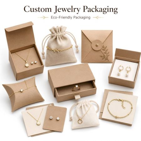 Eco-friendly bespoke jewellery packaging made from sustainable kraft paper boxes, linen pouches, and retail display cards.