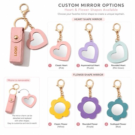 Custom mirror shape options including heart and flower designs for OEM leather lipstick keychains.
