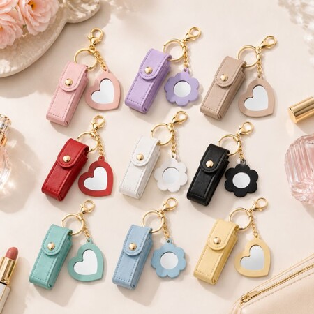 Colorful leather lipstick case keychains with heart and flower mirrors, ideal for wholesale promotional gifts.