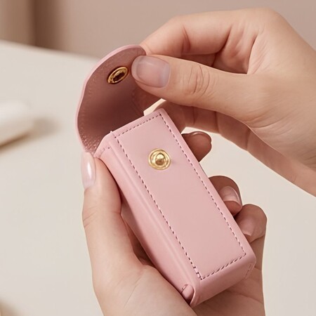 Close-up of hands opening a pink leather lipstick pouch keychain with snap button closure.