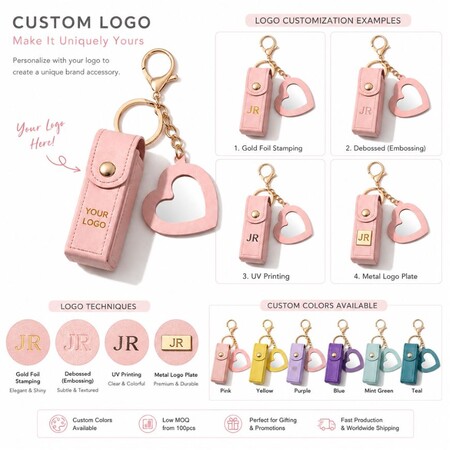 Custom logo options and customization guide for leather lipstick case keychains with attached mirror.