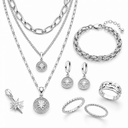 Engros silver anpassade smycken set med stjärna och kompass hängsmycken, ringar och länkarmband.