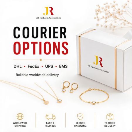 Säker global frakt av smycken via DHL, FedEx och UPS för pålitlig leverans av B2B grossistbeställningar.