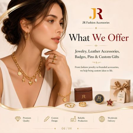 JR Fashion erbjuder grossist B2B-skräddarsmycken, läderaccessoarer, nålar och märkta företagsgåvor.