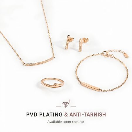 B2B anpassat PVD-belagt anti-oxiderande rosaguld smyckeset: halsband, örhängen, armband och ring.