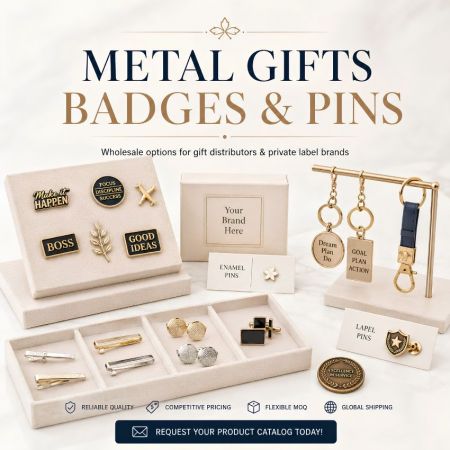Engros anpassade metallgåvor, med emaljbadges, kragsmycken och nyckelringar för privata varumärkesdistributörer.