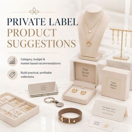Förslag på privata varumärken som visar anpassade märkessmycken, accessoarer och B2B engrosförpackningar.
