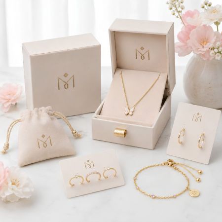 Private label sieradenboxen en zakje met een parelmoer vlinderhalsketting, gouden creolen en ringen.