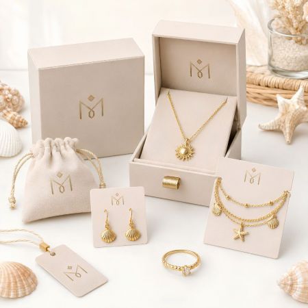 Oceaan-thema groothandel sieradencollectie met zonhalsketting, schelpoorbellen en zeesterbedels met luxe dozen.