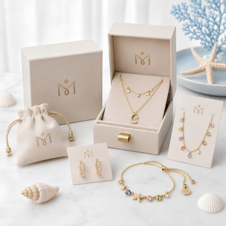 Premium sieradenverpakking set met hemelse maan- en sterhalskettingen, meerkleurige edelsteenarmbanden en hoops.