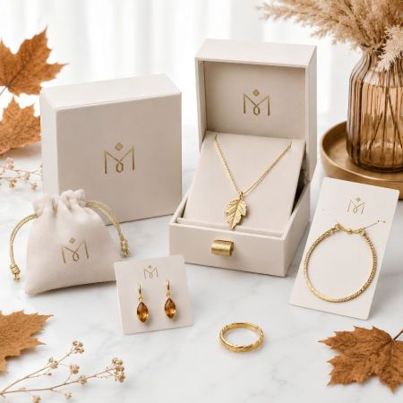 Herfst-geïnspireerde op maat gemaakte sieradenverpakking met een gouden bladpendant halsketting, amberdruppel oorbellen en een bandring.