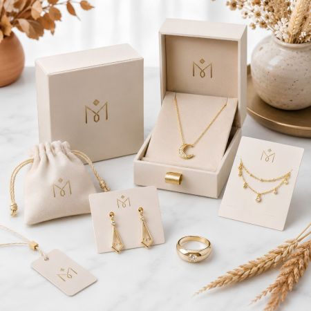 Elegante private label sieraden displaydoos met een halve maan halsketting, geometrische druppel oorbellen en een dikke gouden ring.