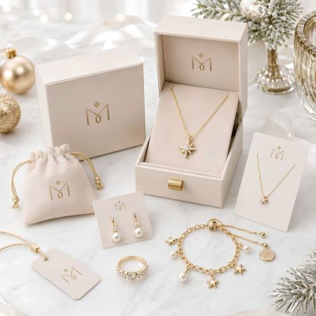 Feestdagen private label sieraden set met een sterburst halsketting, pareldruppel oorbellen en een gouden armband met sterbedel.