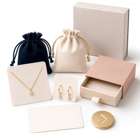 Groothandel sieradenverpakking voor kleine bedrijven met chique roze dozen, een fluwelen zakje en minimalistische gouden ringen.