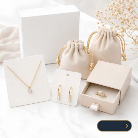 Presentatie van sieradenverpakking voor kleine bedrijven met elegante geschenkdozen, zakje en een gouden halve maan hanger.