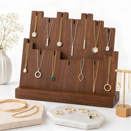 2-laags houten kettinghouder organizer, bulk aangepaste sieraden displayrekken voor boetiek groothandel.
