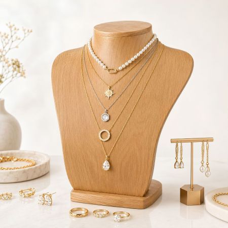Premium houten kettingbuste display leverancier, luxe sieraden mannequin houder voor detailhandel.