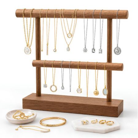 T-bar houten ketting armband displayrek, aangepaste dubbele rij toonbank sieradenstand fabrikant.