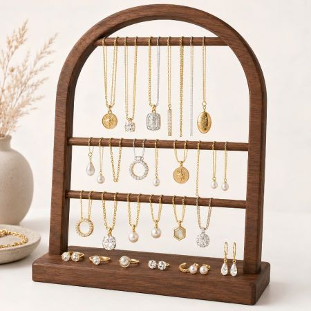 Boogontwerp houten ketting displayhanger, groothandel multi-laags detailhandel sieradenrekken leveranciers.