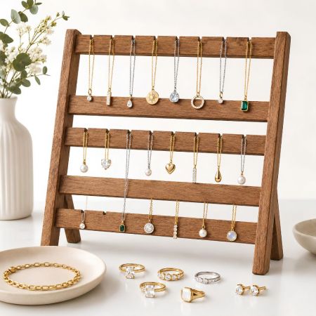 Schuin houten ketting displayladder, 3-laags groothandel sieraden toonbank organizer fabriek.