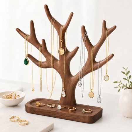 Luxe notenhouten sieradenstand met ringtray, groothandel creatieve houten ketting organizer.