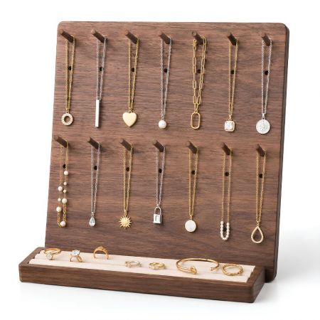 Houten ketting pegboard displaystand met ringgleuven, bulk detailhandel sieraden organizer fabriek.