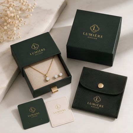 Donkergroene sieradenlade met op maat gemaakt gouden logo, leverancier van luxe microvezel sieraden envelop.