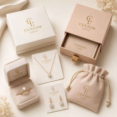 Op maat gemaakte sieradenverpakkingsset, groothandel luxe ringdoos, fluwelen zakje en kettingkaart fabriek.