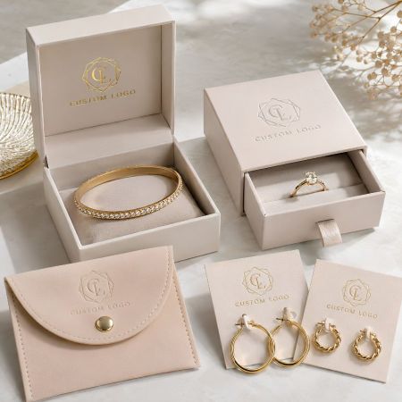 Aangepaste beige sieradenbox fabrikant, geperst logo armbanddoos en oorbel displaykaarten groothandel.