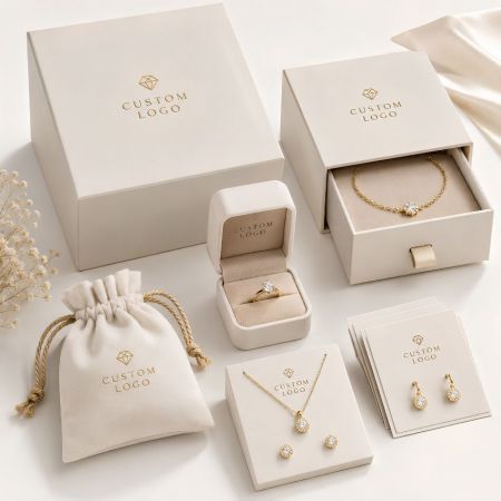 Op maat gemaakte merk sieraden verpakkingsdozen set, ivoorkleurige papier lade doos en sieraden displaykaarten groothandel.
