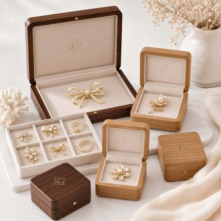 Luxe broche houten geschenkdoos groothandel, aangepaste branding natuurlijke houten sieradenorganizer fabriek.
