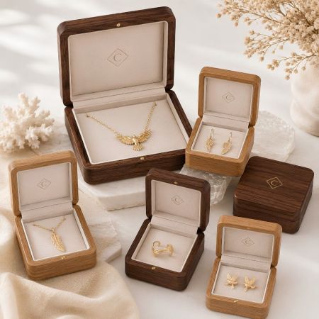 Fijne gouden sieraden houten verpakkingsfabriek, luxe veerontwerp hanger ringdoos groothandel.