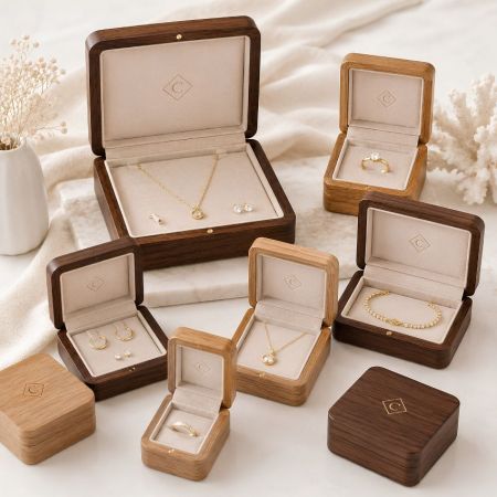 Groothandel aangepaste logo houten sieraden geschenkdozen, premium walnoot ring oorbellen verpakkingsleverancier.