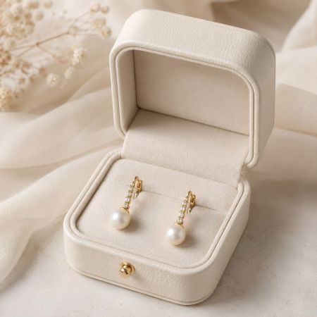 Crème witte leren oorbeldoos met een paar elegante gouden diamanten en parel hangoorbellen.