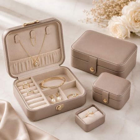 Multi-grootte taupe leren reisjuwelenorganizer set met ringen, kettingen, oorbellen en bangles.