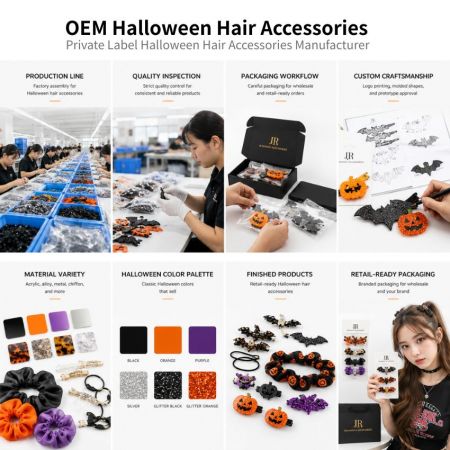 Halloween håraccessoarer - OEM Halloween håraccessoarer tillverkare infographic som visar produktionslinje, skräddarsydd hantverk och B2B-förpackning.