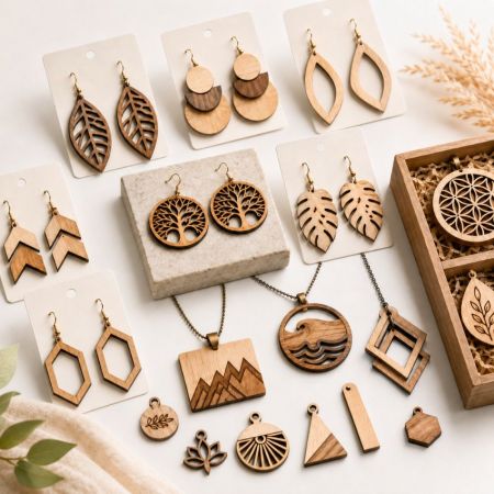 Aangepaste Houten Sieraden - Aangepaste laser-gesneden houten oorbellen en kettingen collectie weergegeven voor groothandel eco-vriendelijke sieraden leverancier catalogus.