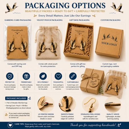 Opciones de empaque B2B para pendientes de madera que incluyen tarjetas, bolsas de terciopelo, cajas de regalo e impresión de logotipos personalizados.